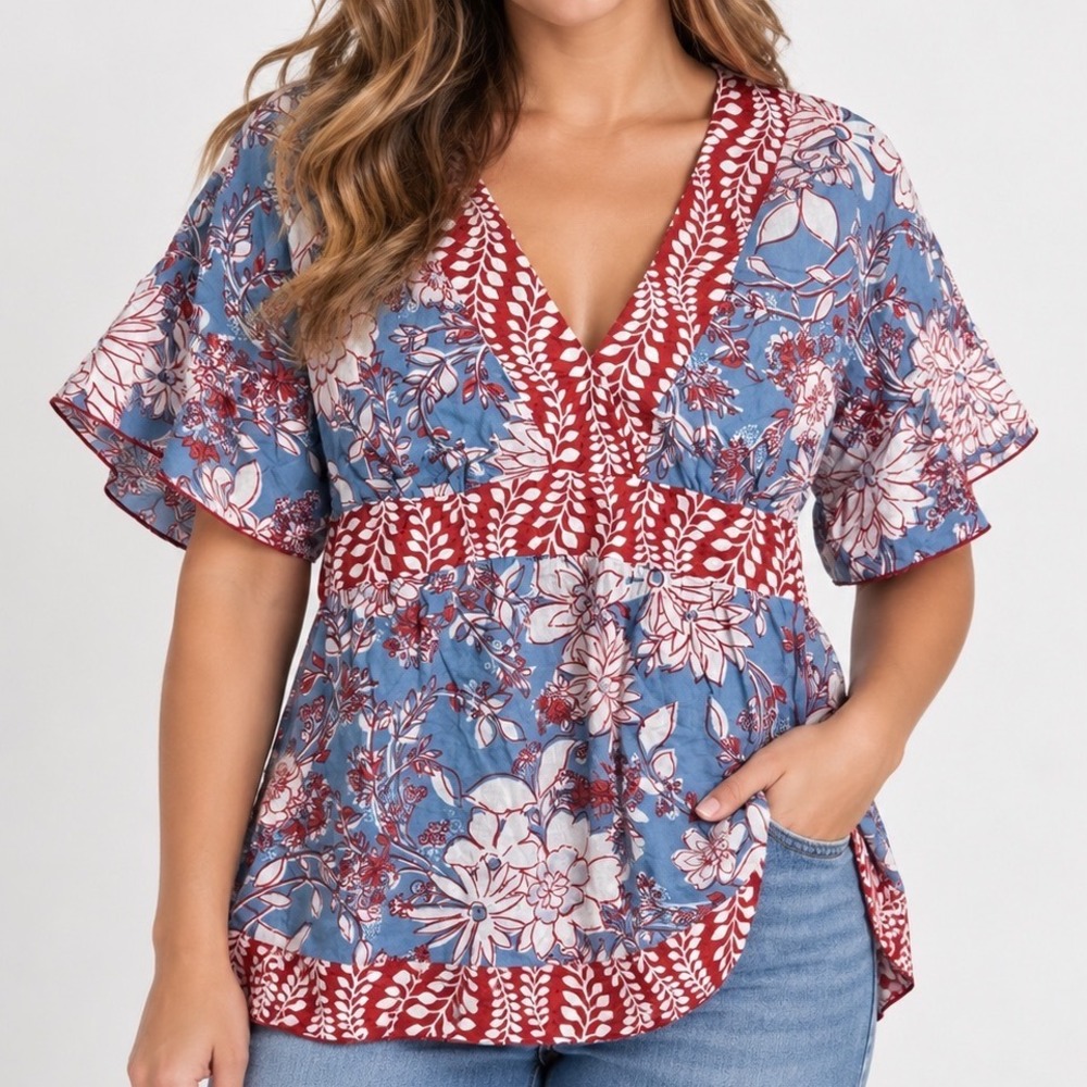 Speechless Size Large Blue Red Floral Cotton Tunic Top Tie Back Boho Babydoll